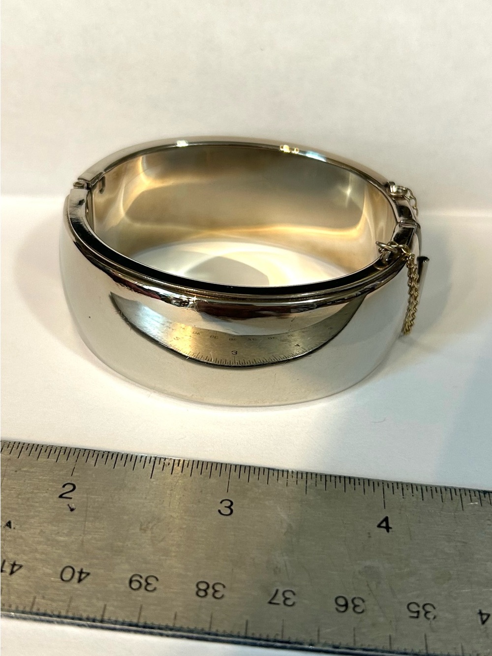Classic Wide Silver Tone Hinged Bangle Bracelet Cuff Safety Chain